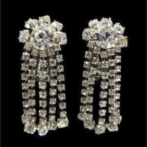 Glamorous Clear Rhinestone Earrings Silvertone Chandelier Dangle Prom Wedding